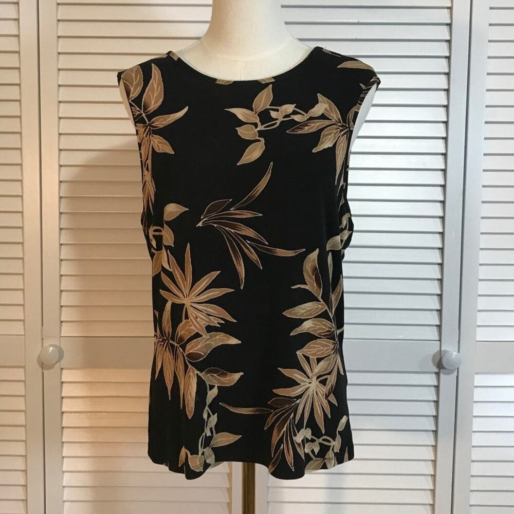 George Whimsigoth Black Tropical Tan Leaf Print Relaxed Sleeveless Blouse L